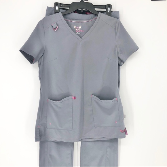 SOLD!! Smitten Gray & Pink Super Comfy Scrub Set - Picture 14 of 16